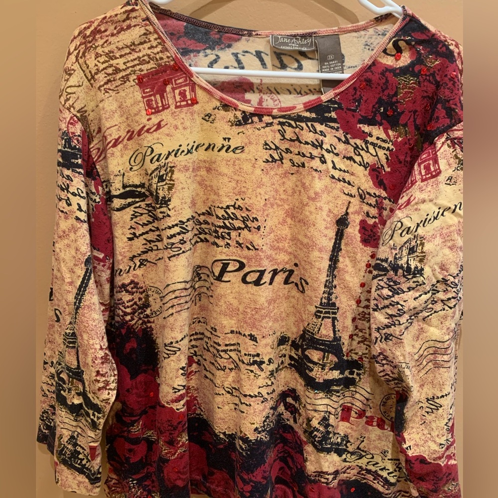 Jane Ashley Paris Print Sequins Cotton Size 2X 3/4 Sleeve Top PTP 25 - Picture 2 of 8